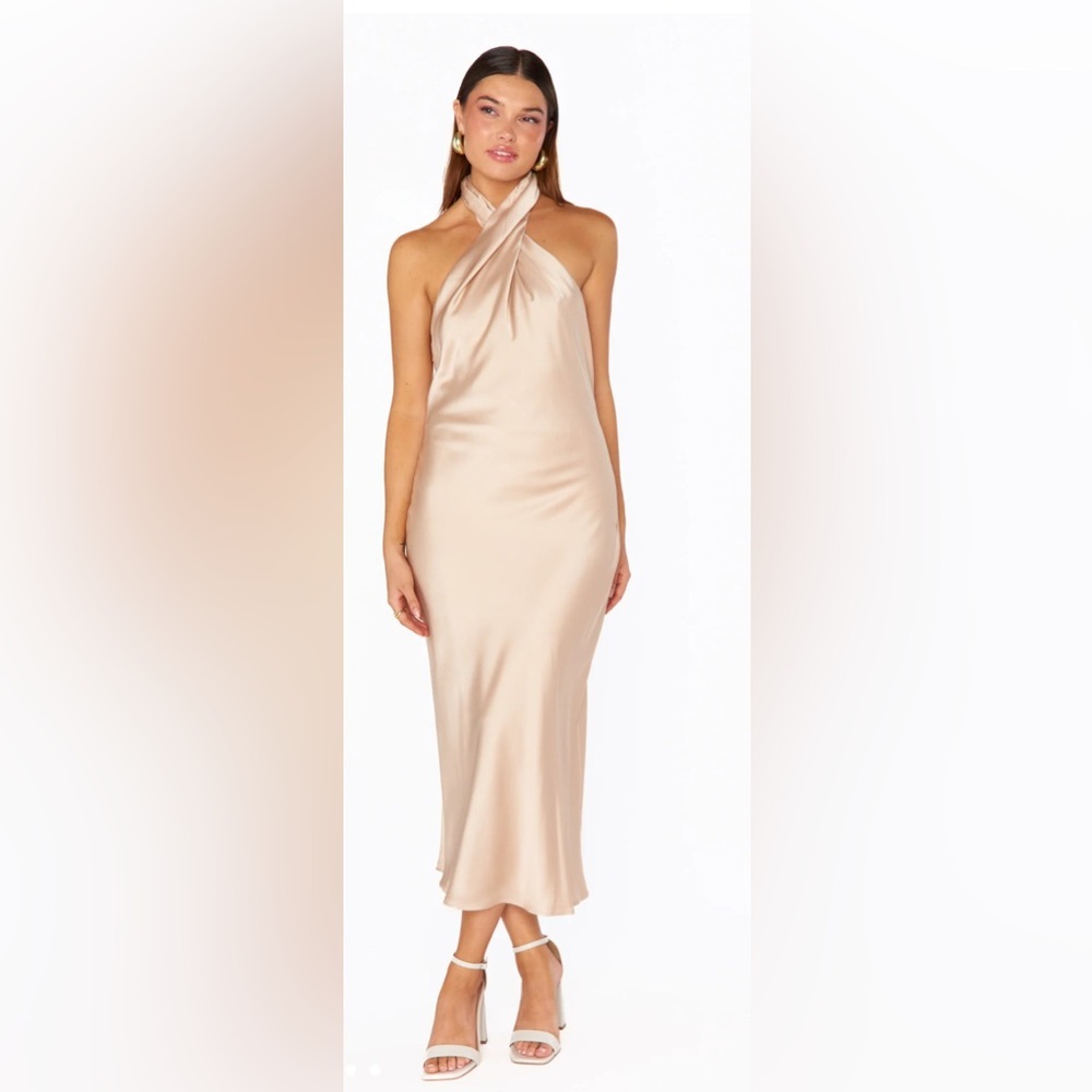 *NWT* Show Me Your MuMu Jasmine Halter Midi Dress - Champagne Luxe Satin - Picture 2 of 11